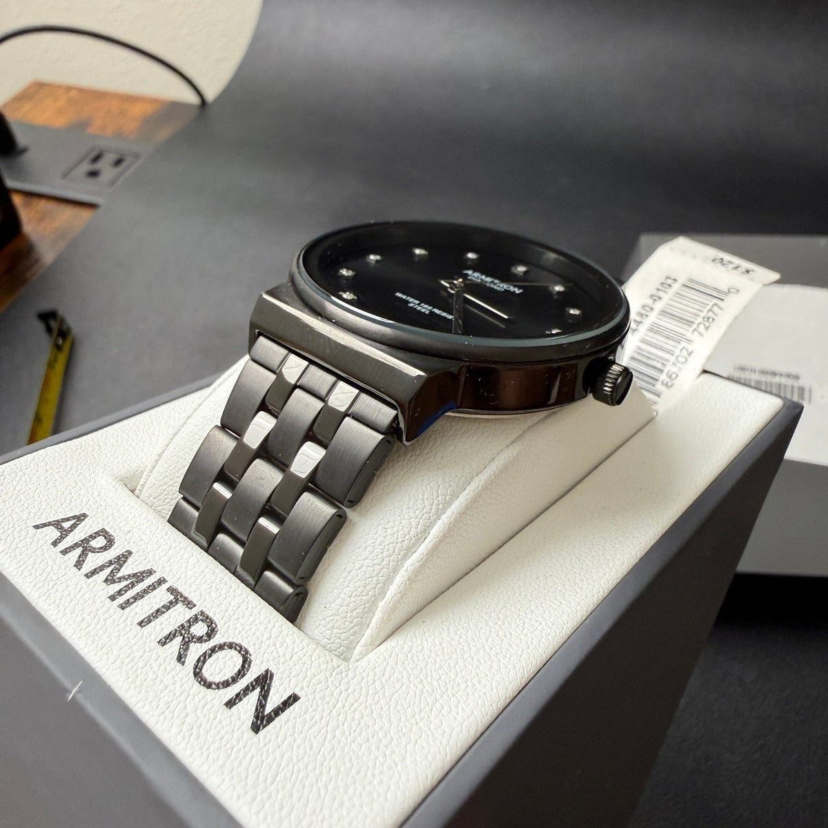 MSRP $120 Armitron 20/5570TI Men Diamond Accent Black Bracelet Watch New Batter
