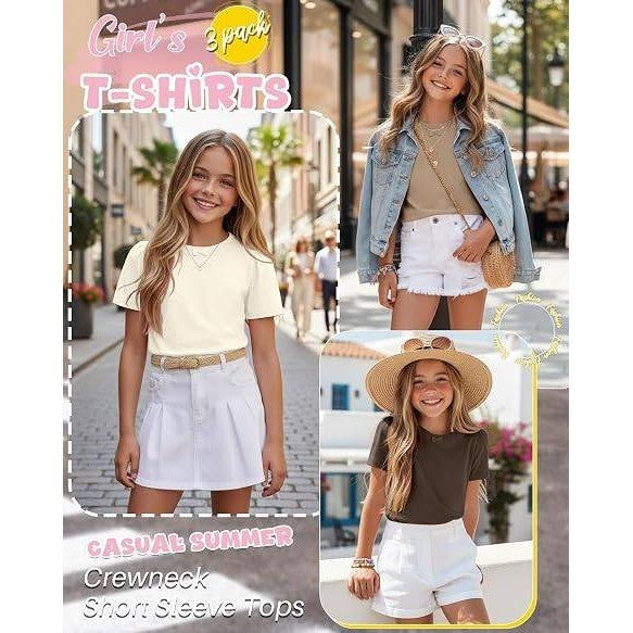 NWT LessonZoo 3 Pack Girls 9-10Y Cream/Khaki/Brown Bow Crewneck Tees Short S