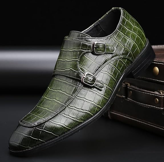 Santimon Men's US 7.5-8 Green Leather Double Monk Strap Slip on Loafer Shoes