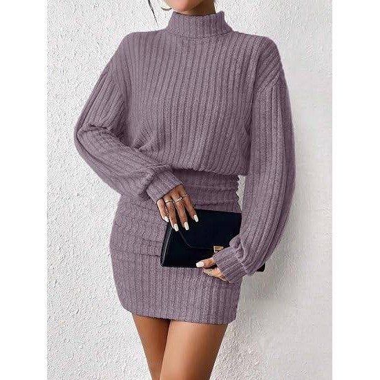 MSRP $26 AUXDIO Women's L Purple Mock Neck Sweater Dress Fall Long Lantern