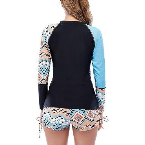 Century Star Womens XXL Azure Geometry Long Sleeve Two Piece Swimsuits Rash Gu