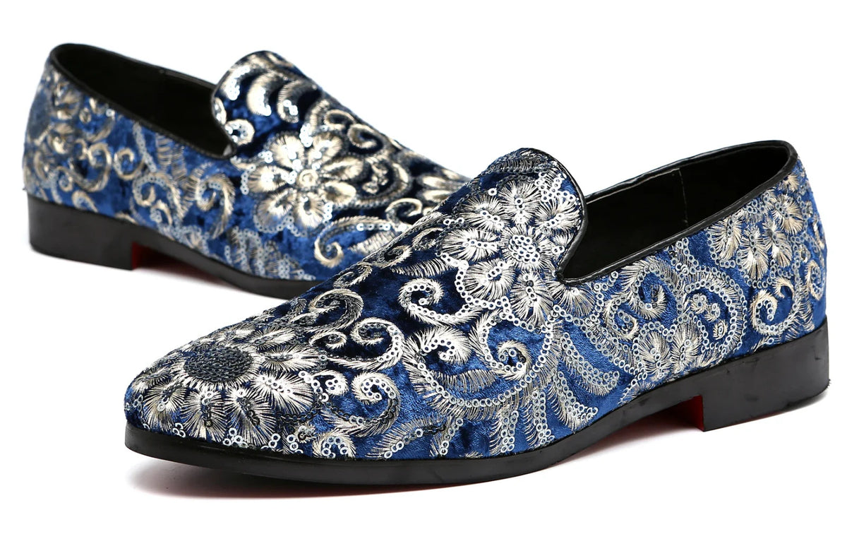 Santimon Men's US 6-12.5 Blue Velvet Silver Stitching Smoking Loafers Shoes