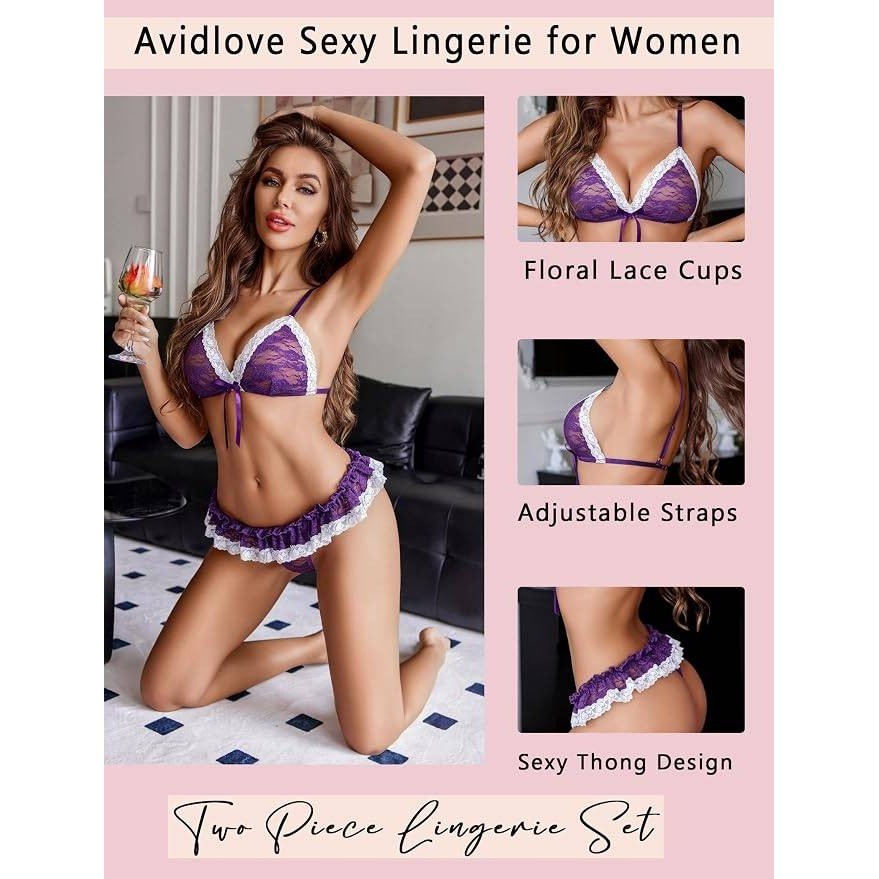 MSRP $35 Avidlove Women's M 2 Piece Sexy Lingerie Set Lace Bra and Panty Sheer