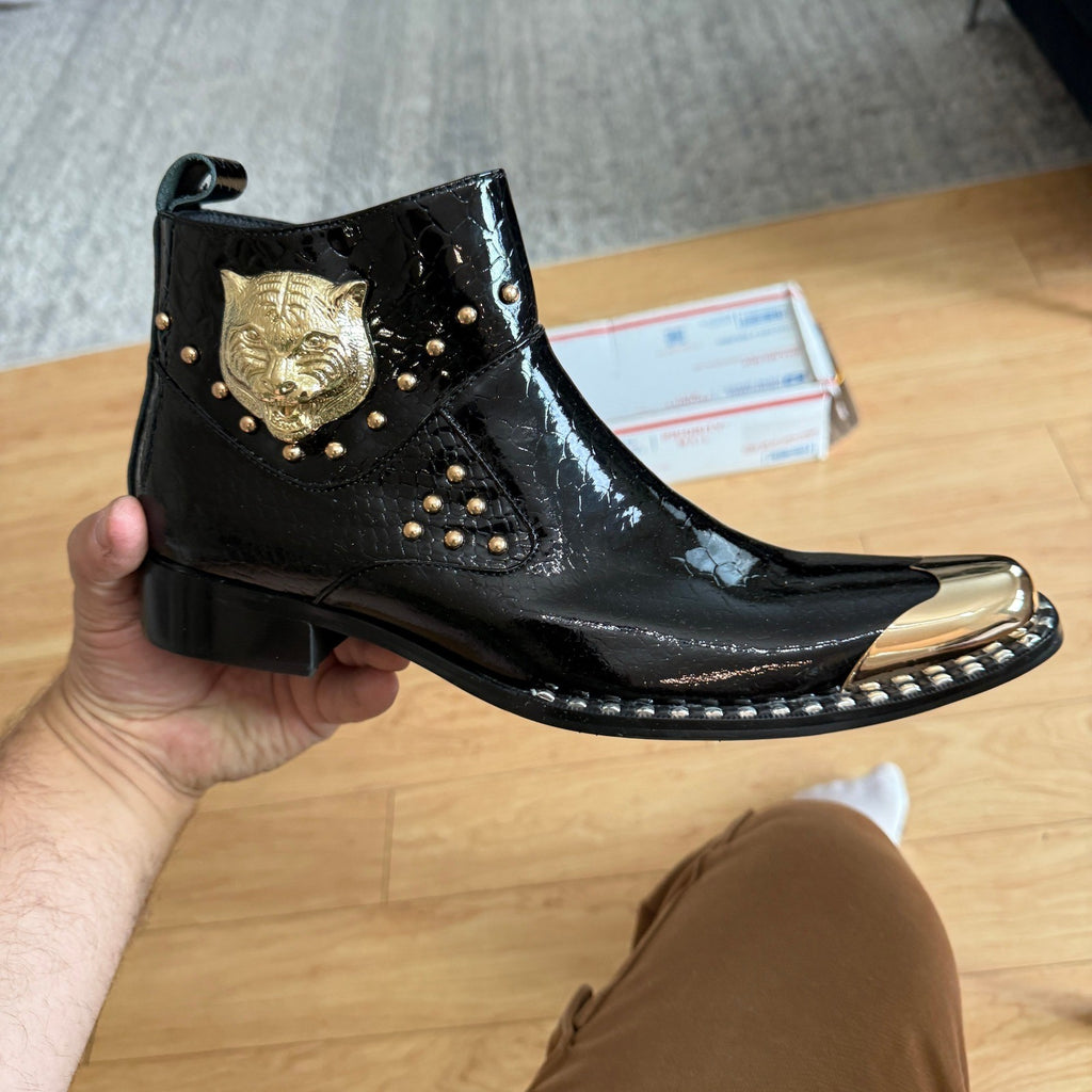 Santimon Mens US 6.5 Black Textured Leather Western Metal Tip Zipper Ankle Boots