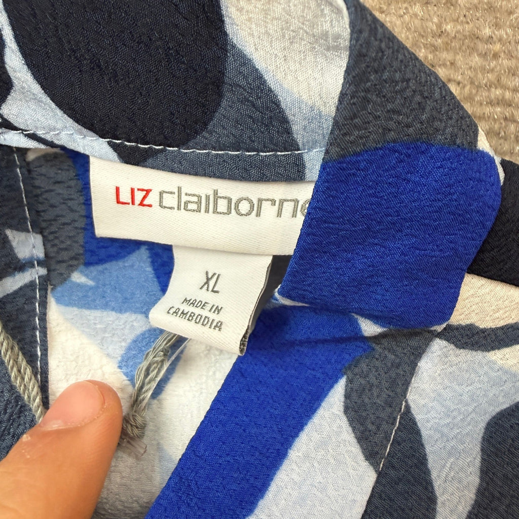 MSRP $44 Liz Claiborne Womens XL Blue & White Leaf Short Sleeve Blouse Keyho