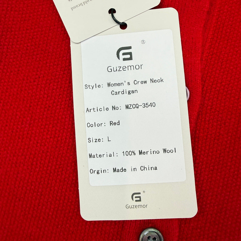MSRP $78 G Guzemor Women's L Red 100% Merino Wool Cardigan Sweater Crew Neck