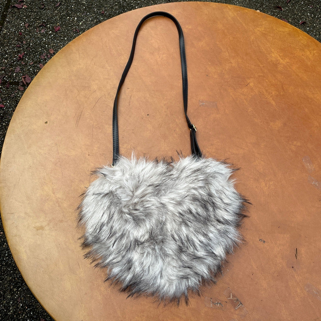 Womens White/Grey Plush Heart Shaped Crossbody Fur Fluffy Shoulder Bag Purse