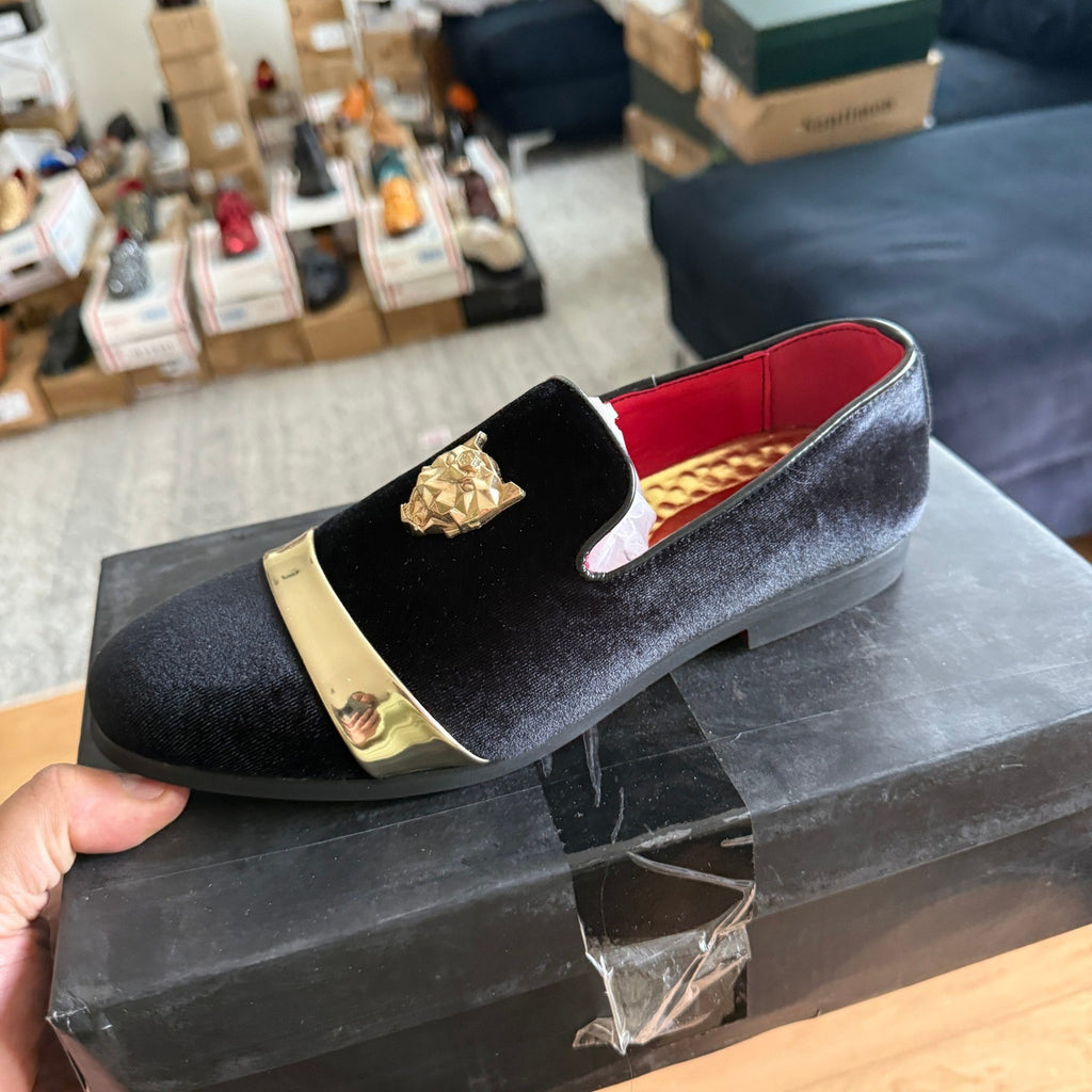 Santimon Men's US 6 Black Velvet Loafers Golden Animal Buckle Slip-On Shoes