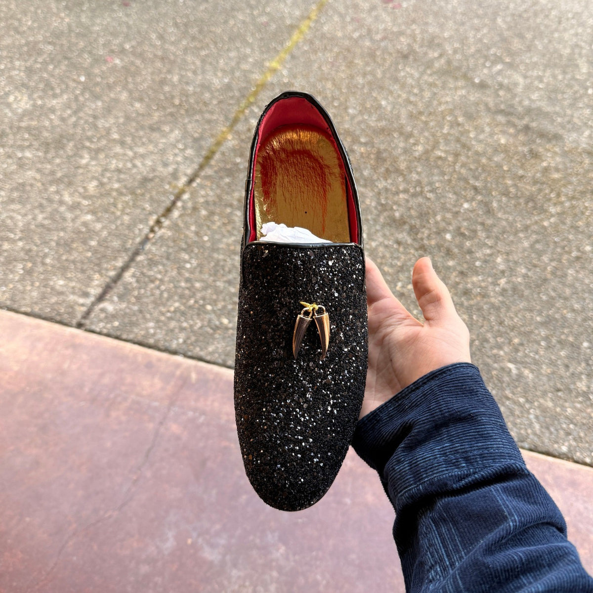 Santimon Mens US 6 Black Metal Tassels Glitter Sequin Slip On Loafers Shoes