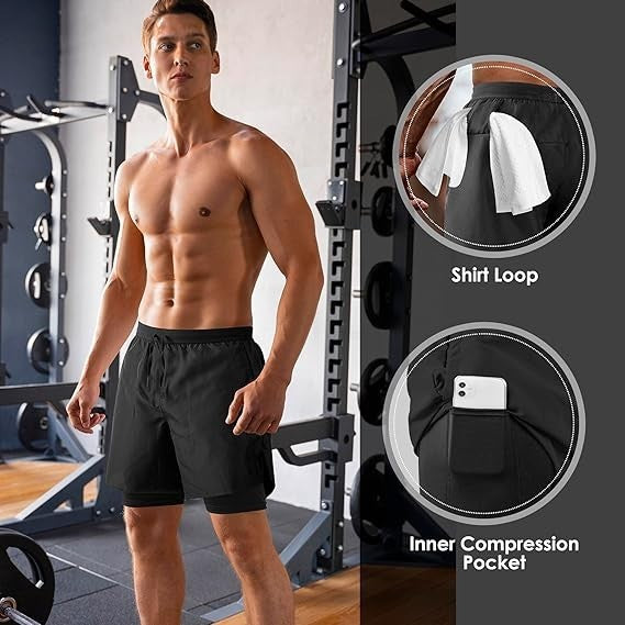 NIMOJIRO Men's M-XL Black 2 in 1 Running Shorts Workout Athletic Training Gym Ou