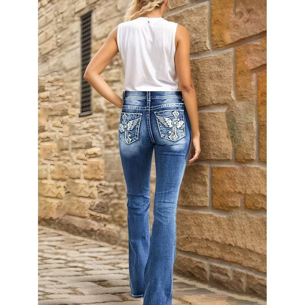 Women's L Blue Bootcut Flare Jeans High Waist Cross Wing Embroidered Back Pocke