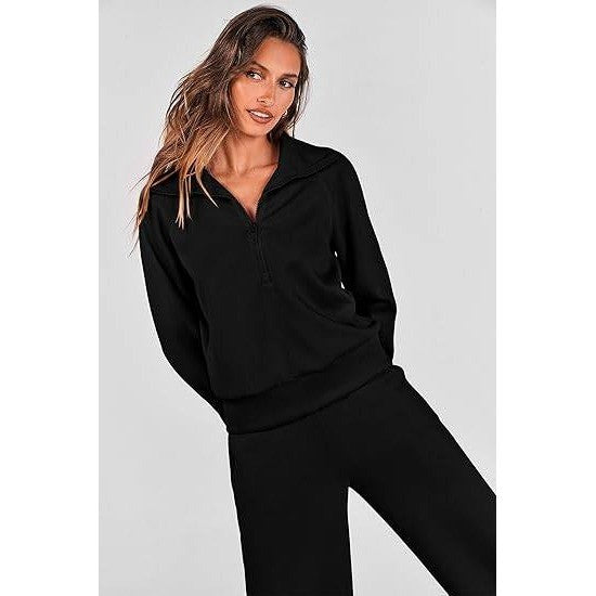 MSRP $46 PRETTYGARDEN Women's S Black 2 Piece Outfits Casual Lapel Half Zip S