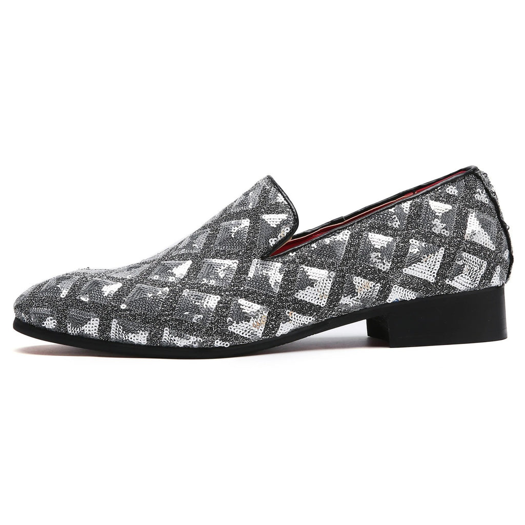 Santimon Mens US 12 Silver Paillette Glitter Smoking Slip On Loafers Dress Shoes