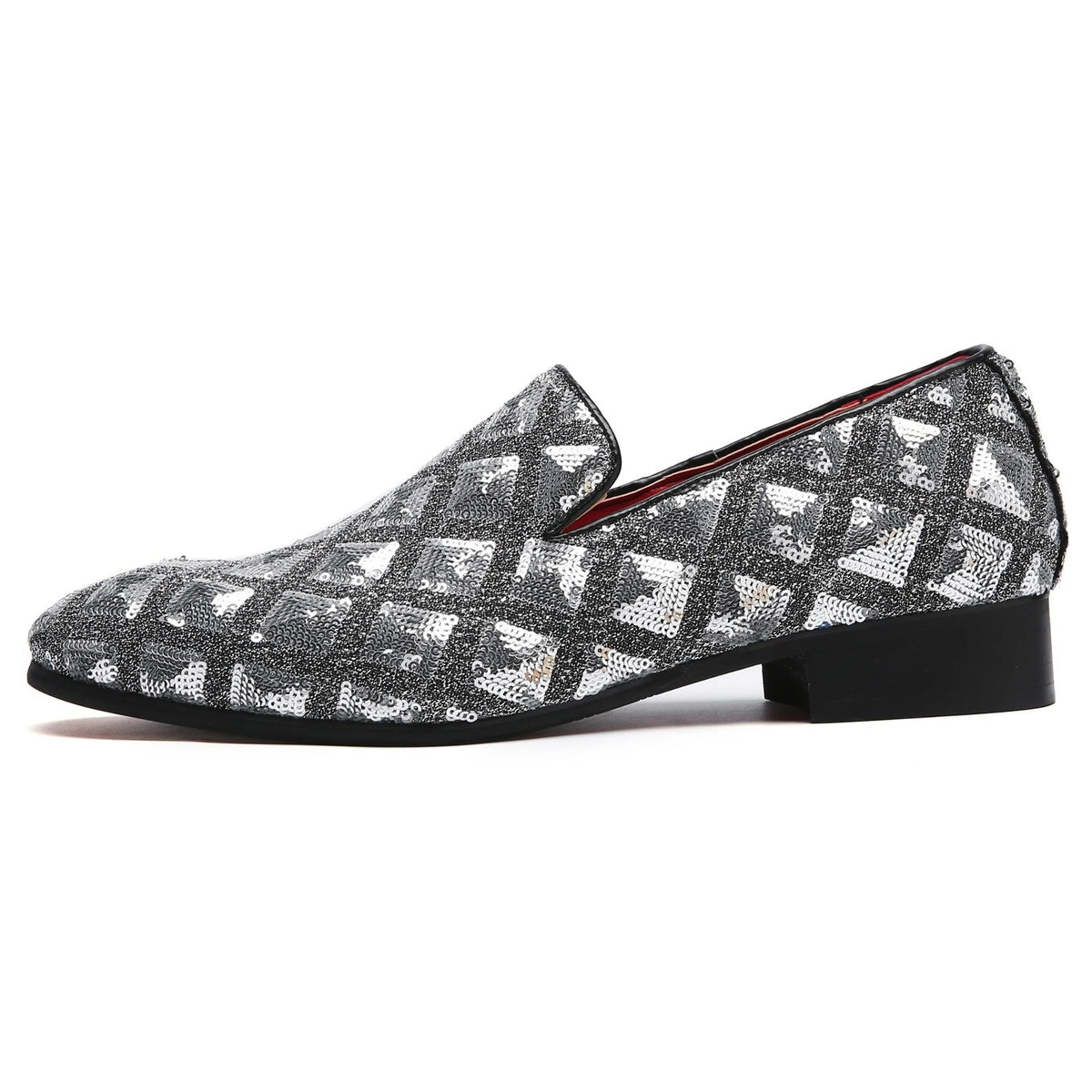 Santimon Mens US 12 Silver Paillette Glitter Smoking Slip On Loafers Dress Shoes