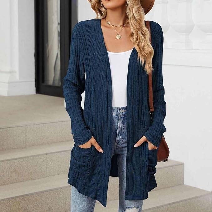 Women's XXL Navy Lightweight Long Sleeve Knit Dressy Casual Cardigan with Pocket