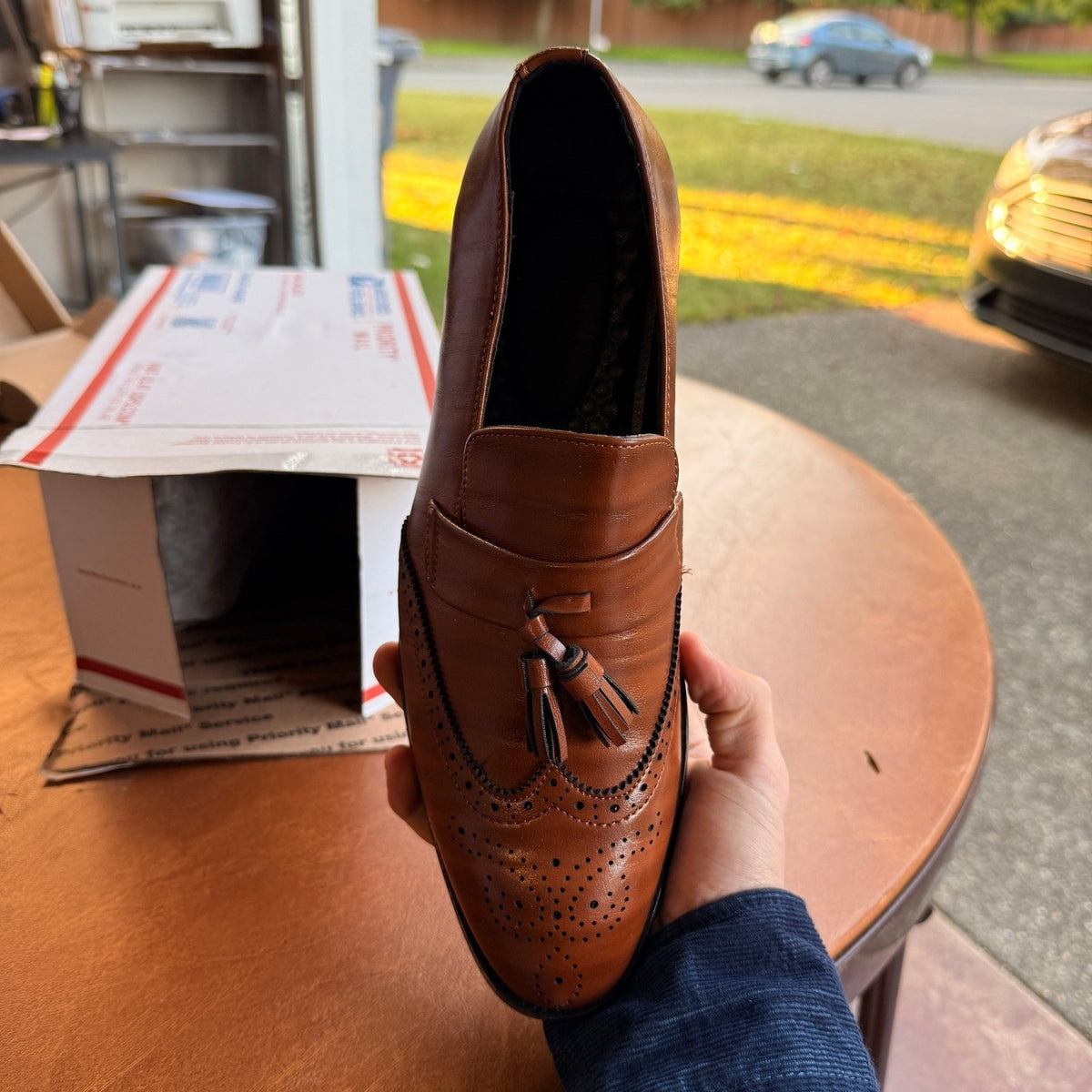 Santimon Men's US 7.5 Brown Wingtip Tassel Smoking Loafers Slip On Dress Shoes