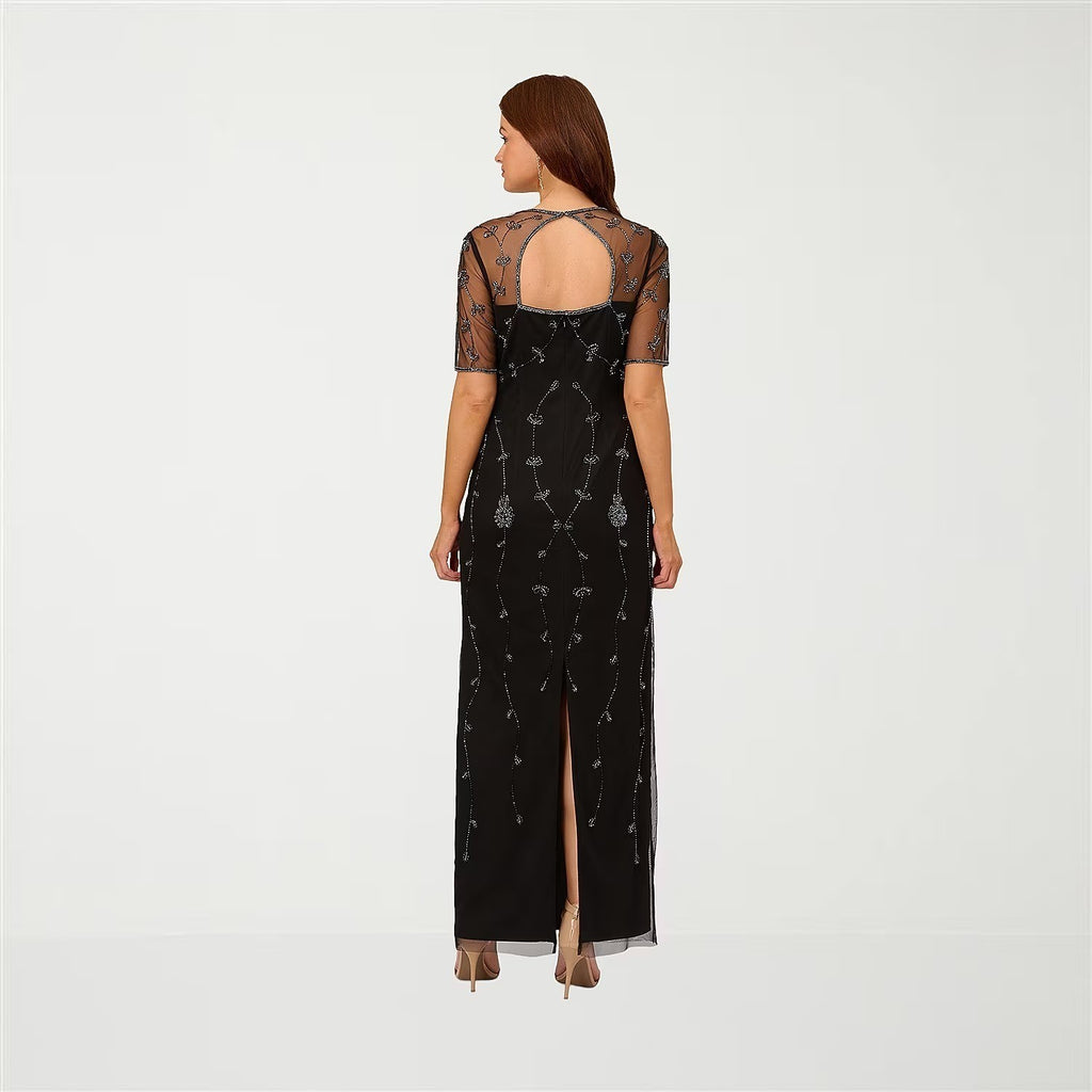 MSRP $160 Papell Boutique Womens 14 Black Evening Gown Square Neck 3/4 Sleeve