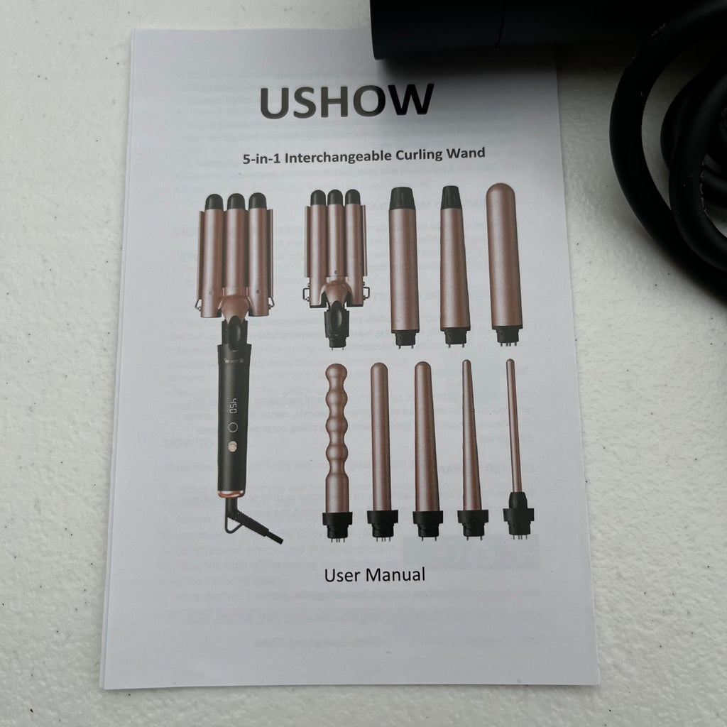 Ushow 5-in-1 Hair Curling Wand Set Rose Gold with Interchangeable Barrels and G
