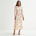NWT Studio One Womens 8 White Floral Maxi Dress Round Neck Long Smocked Sleeve