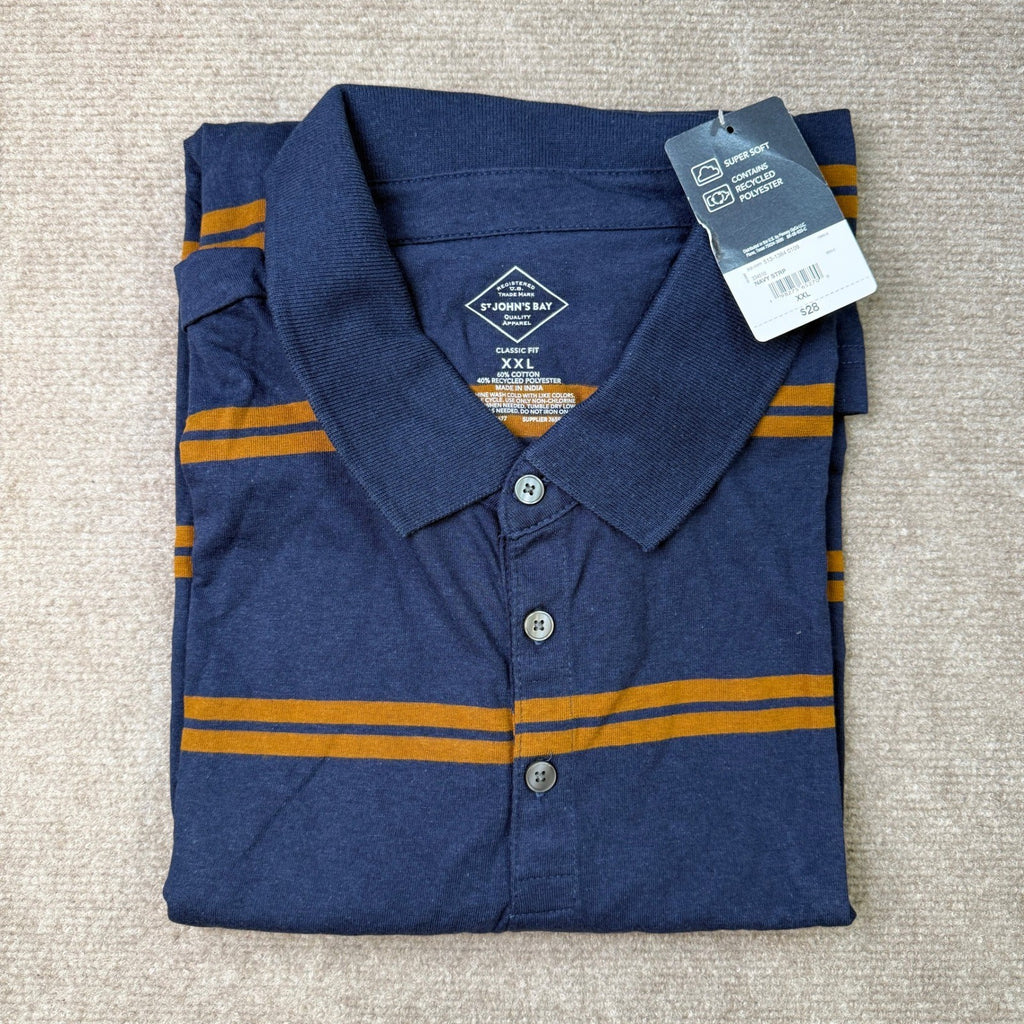 MSRP $28 St. John's Bay Mens XXL Navy Stripe Classic Fit Long Sleeve Polo Shir