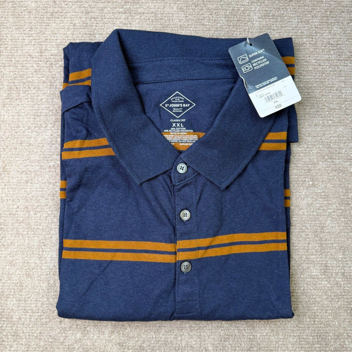 MSRP $28 St. John's Bay Mens XXL Navy Stripe Classic Fit Long Sleeve Polo Shir