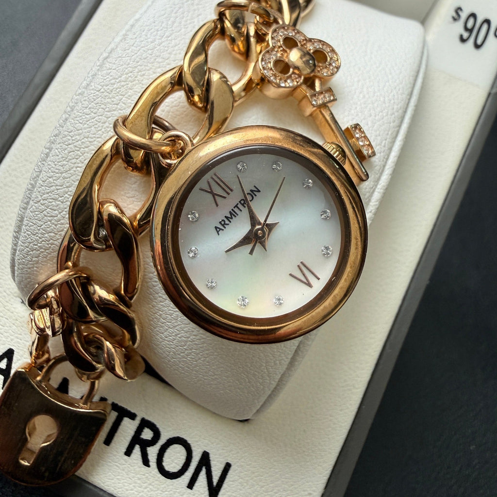 MSRP $90 Armitron 75/5620RG Rose Gold Key & Lock Charm Ladies Watch New Battery