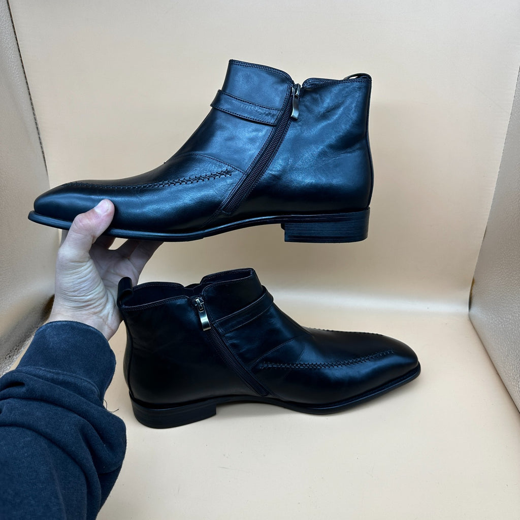Santimon Men's US 7.5, 12 Black Leather Buckle Strap Zipper Ankle Dress Boots