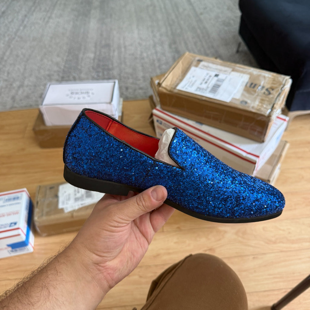 Santimon Men's US 8.5, 9.5 Blue Glitter Slip On Loafers Sequin Dress Shoes