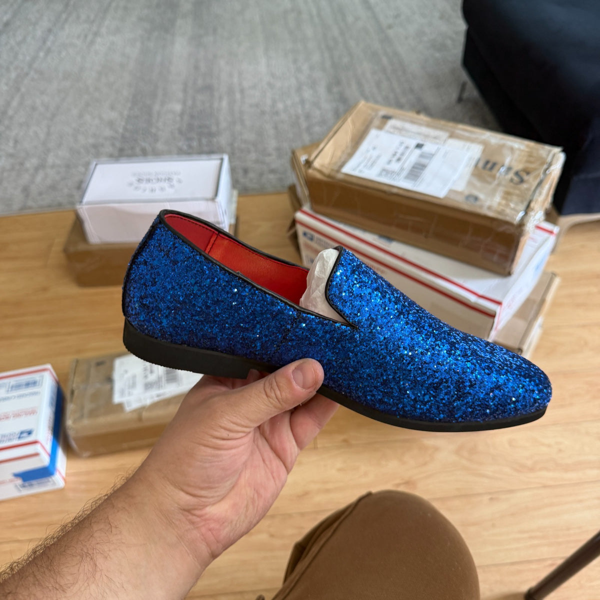 Santimon Men's US 8.5, 9.5 Blue Glitter Slip On Loafers Sequin Dress Shoes