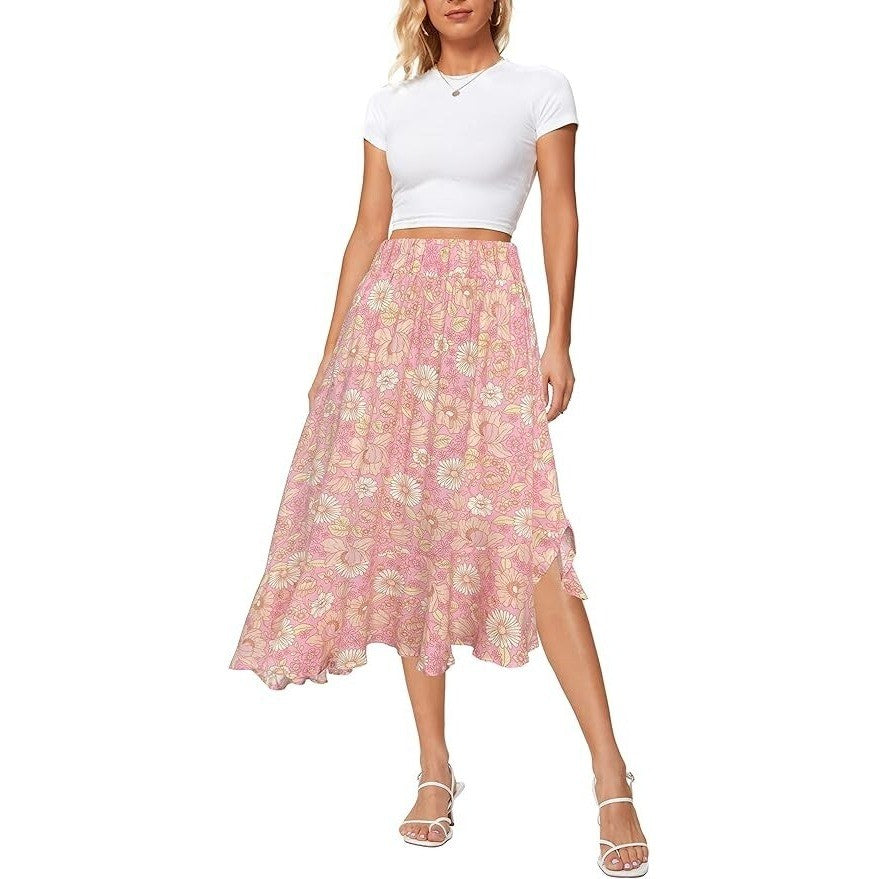 Small Sinono Women's Boho Floral Print High Waist High Low Asymmetric Split