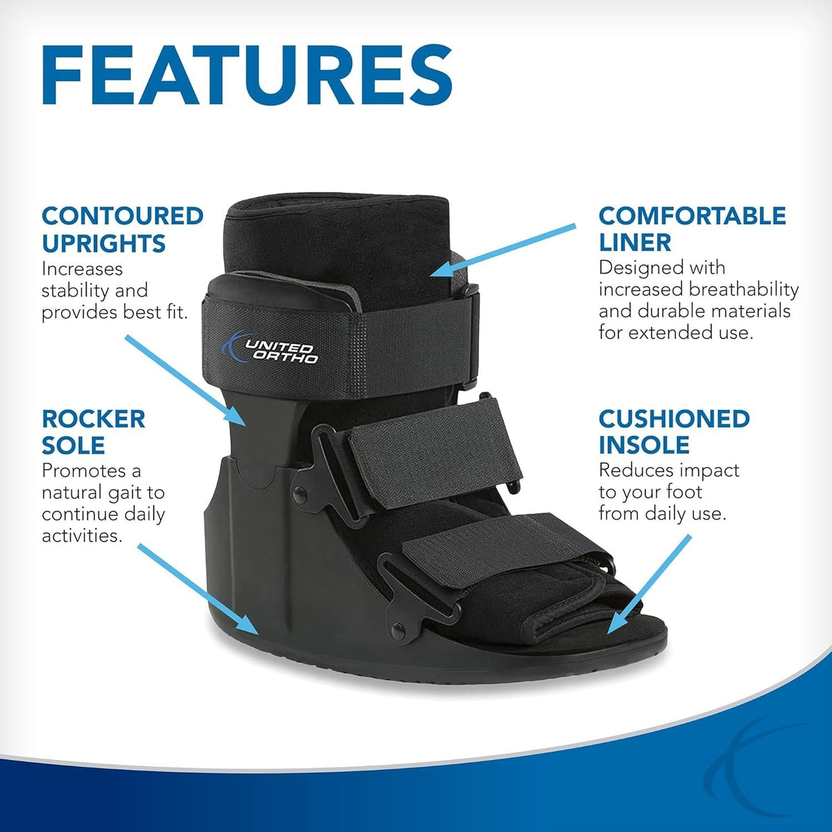 United Ortho Short Cam Walker Fracture Boot, Large, Black