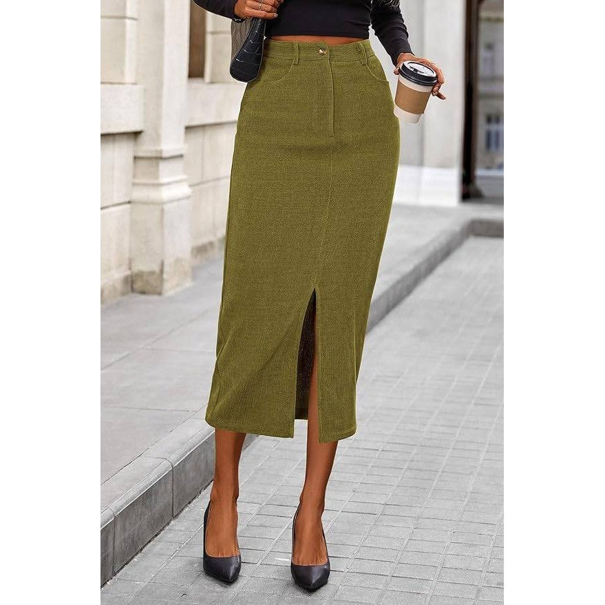 MSRP $45 PRETTYGARDEN Women's 10 Corduroy Skirt High Waisted Pencil Midi Skirt
