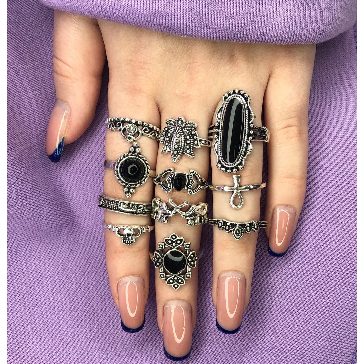 11 pcs Gothic Ring Set, Rings Set Silver, Black Onyx Ring, Witchy Rings, Knuckle