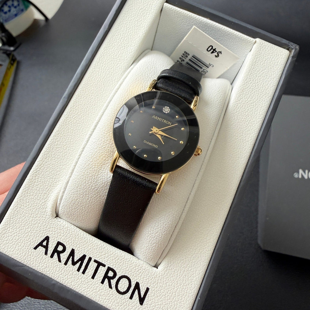 MSRP $40 Armitron Women's 75/2447GPB Diamond Black Leather Strap Quartz
