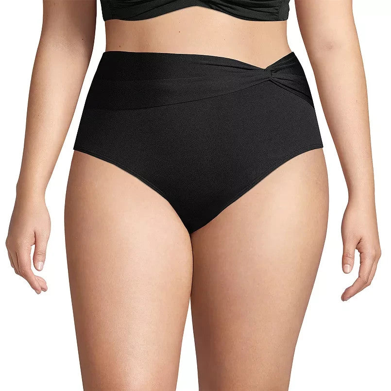 Lands End Womens 2-10 LONG Black UPF 50 Twist Front High-Waist Bikini Bottoms  T