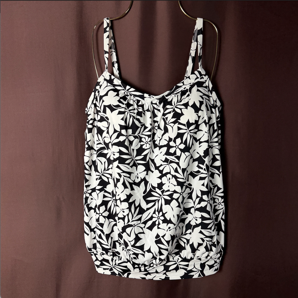 Lands' End Women's 2-4 LONG Blouson Tankini Swim Top White/Black Havana Floral S