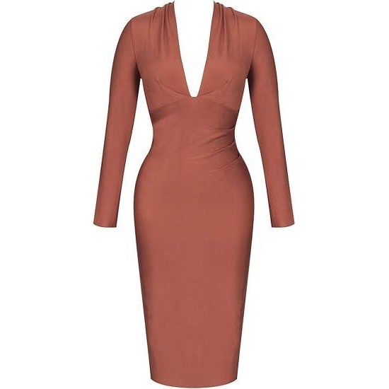 Uonbox Women's L Deep Plunge V Neck Long Sleeves Dress (Real color pic 2) Drap
