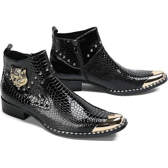 Santimon Mens US 6.5 Black Textured Leather Western Metal Tip Zipper Ankle Boots