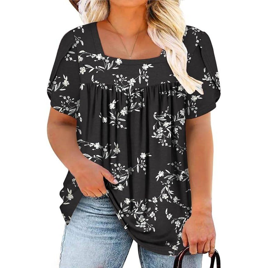 VISLILY Women's 3XL Summer Top Petal Short Sleeve T-Shirt Square Neck Blouse Fl