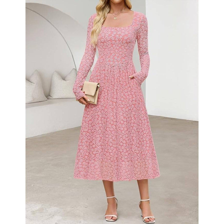 MSRP $30 MEROKEETY Women's S White Floral Midi Dress Long Sleeve Square Neck