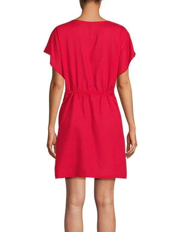 Lands' End Women's M-L Sheer Short Sleeve Gathered Waist Swim Cover-up Dress Ove