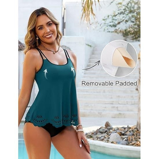 MSRP $39 Blooming Jelly Women's M Blue Green Tummy Control Tankini Swimsuits