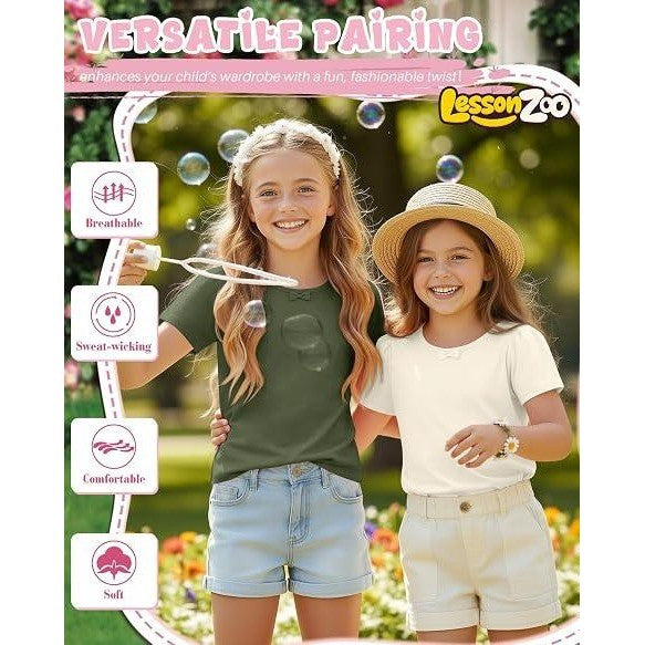 NWT LessonZoo 3 Pack Girls 7-8Y Cream/Khaki/Olive Green Bow Crewneck Tees Short