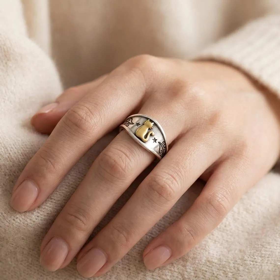 Cat Open Ring 925 Sterling Silver Women's Animal Jewelry Size 7 Adjustable 6-8
