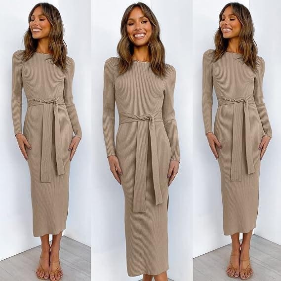 MSRP $59 ANRABESS Womens M Almond Long Sleeve Sweater Dress Crew Neck Slim