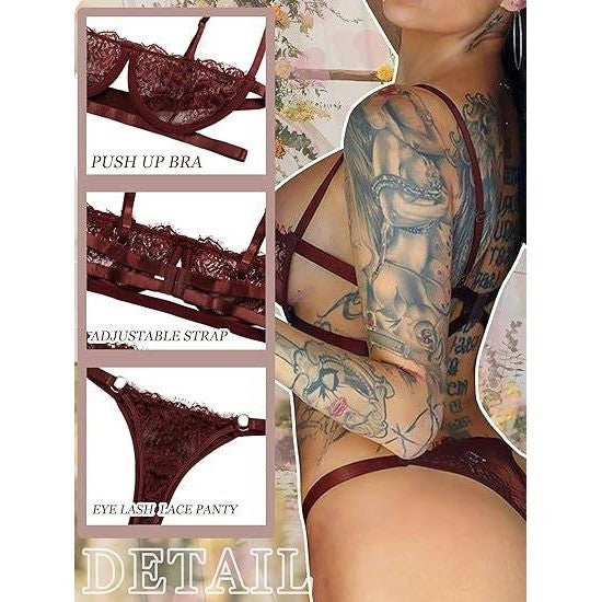 MSRP $26 Dlsave Women's M Brown 2 Piece Sexy Lingerie Eyelash Lace Mesh Match