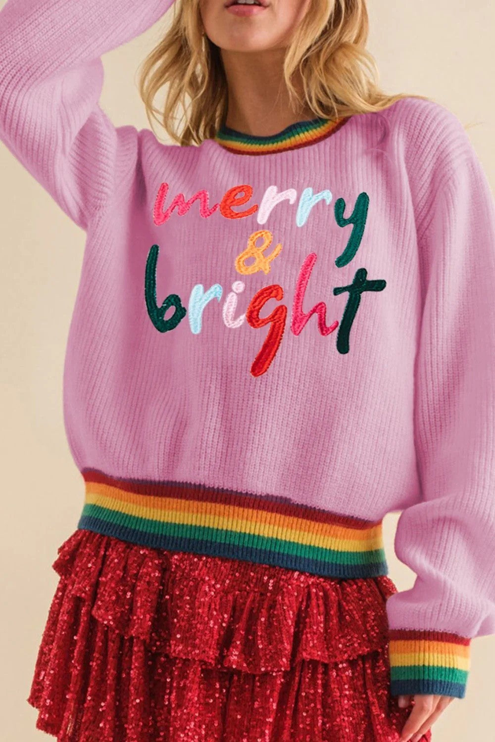 Women's S, M Pink Merry & Bright Ribbed Round Neck Sweater Rainbow Trim Christma