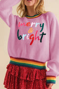 Women's S, M Pink Merry & Bright Ribbed Round Neck Sweater Rainbow Trim Christma