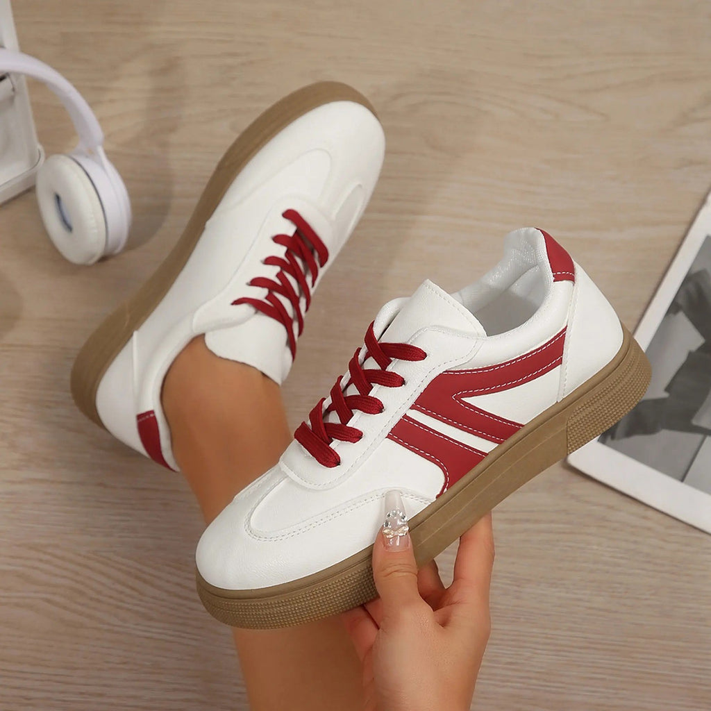 Women's US 8 White/Red Sneakers Casual Sporty Low Top Lace-Up Round Toe Shoes