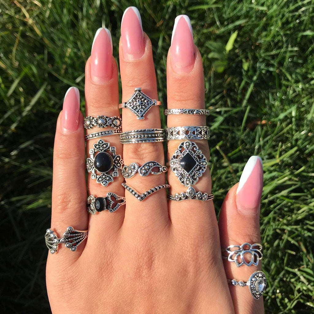 15 pcs Silver Ring Set, Ring Sets, Gothic Ring Set, Boho Ring Set, Vintage Ring